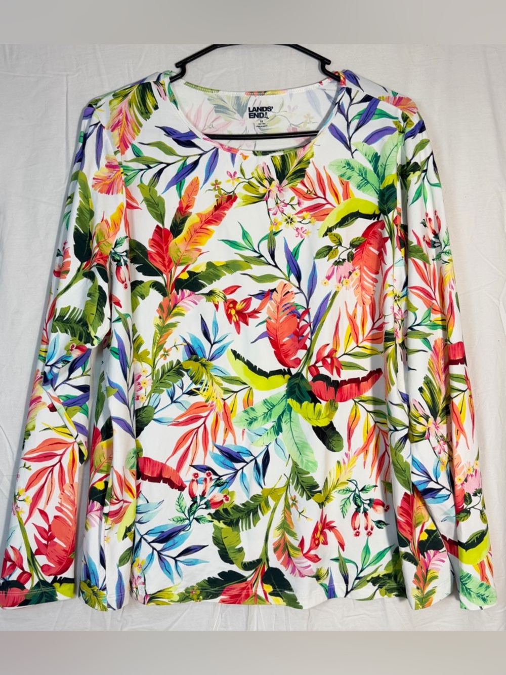 Lands' End Women's White Tropical Floral Long Sleeve Tee